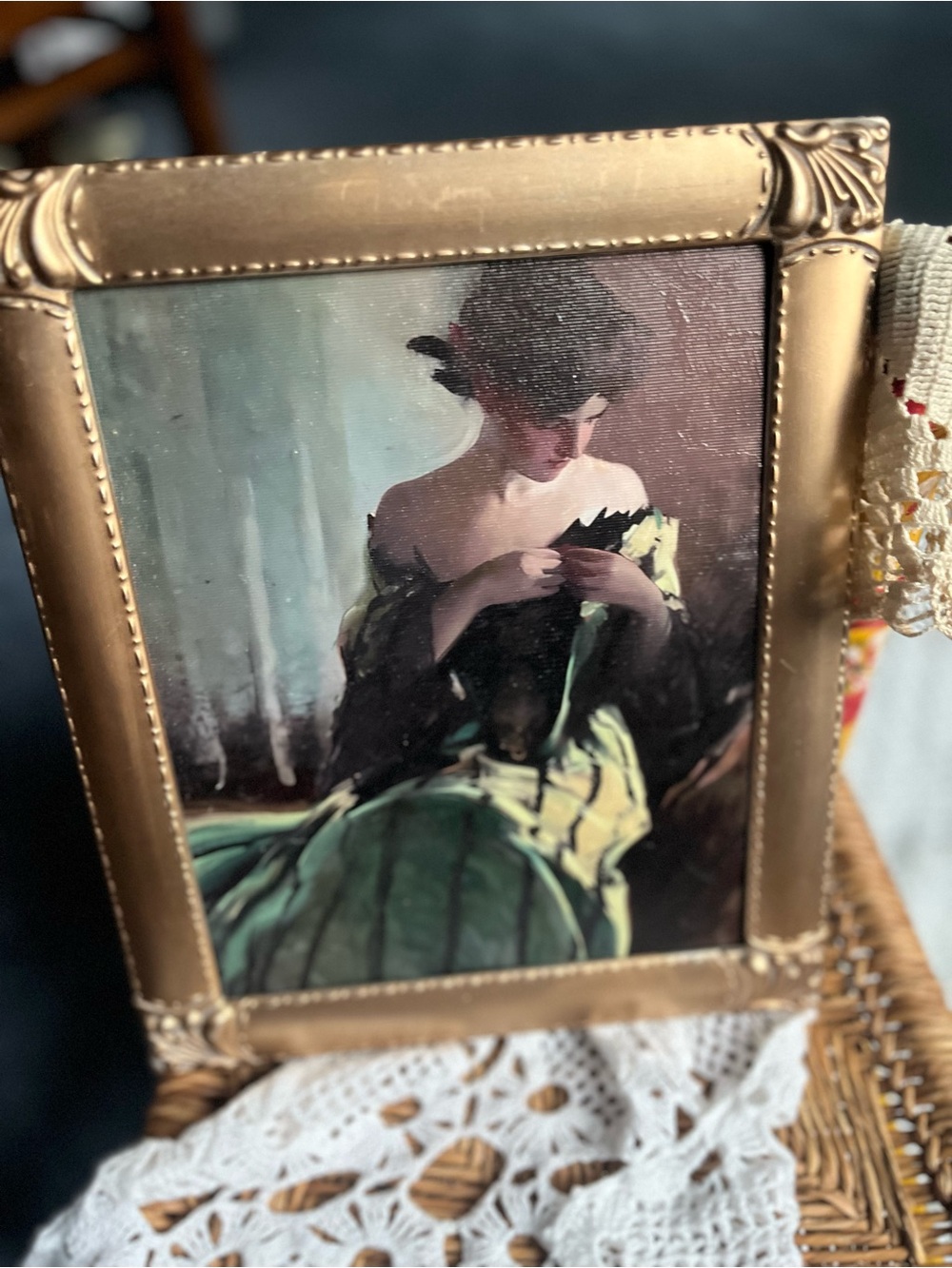 Framed canvas Print of Woman in Green Dress - Elegant Home Art in gold frame
